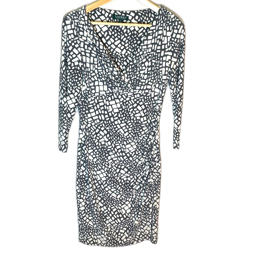 Lauren Ralph Lauren Ivory Gray Geo Print Faux Wrap Ruched Midi Dress Size 6 - Picture 4 of 14